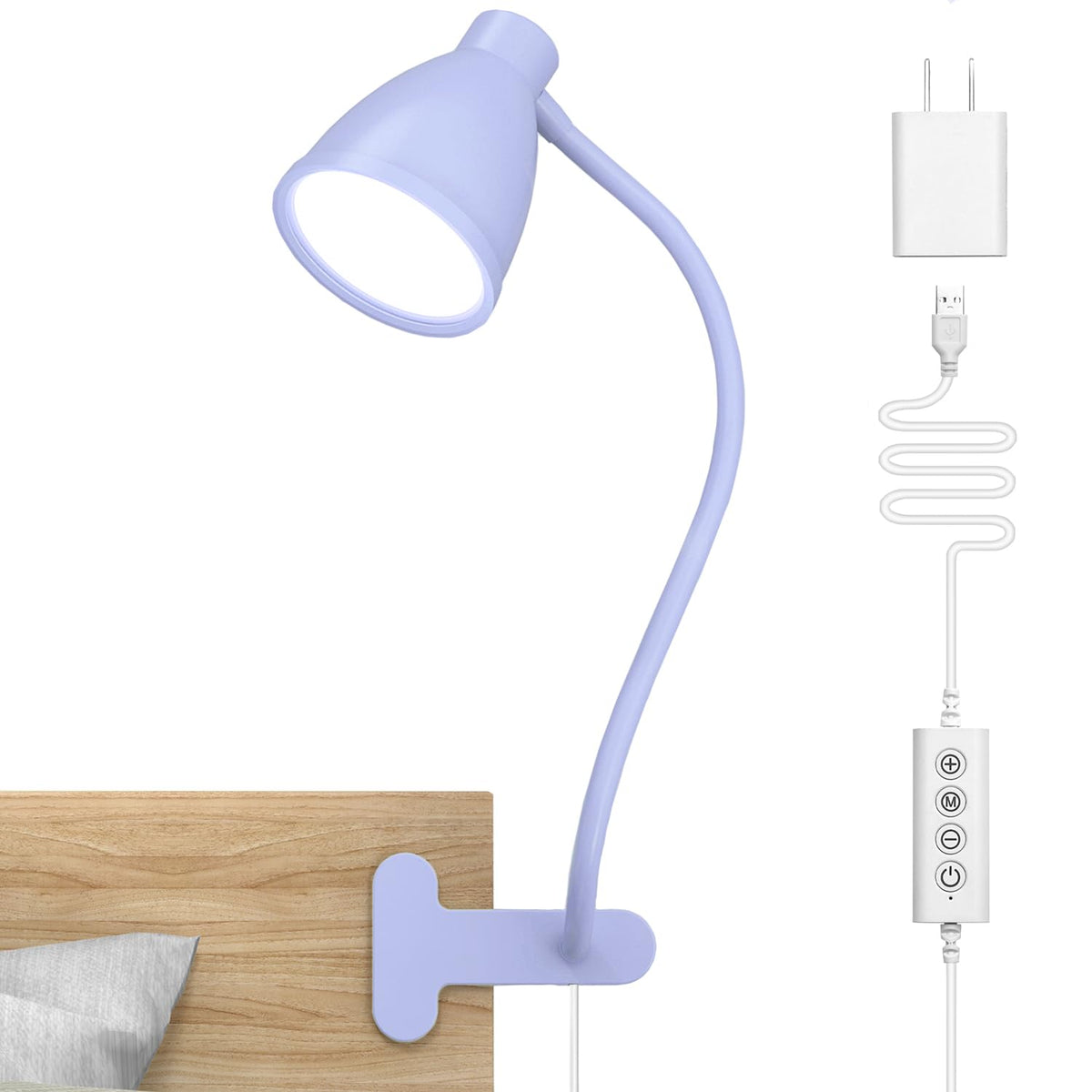 BOHON lilac desk lamp clipped to a bedside surface, ready for reading.