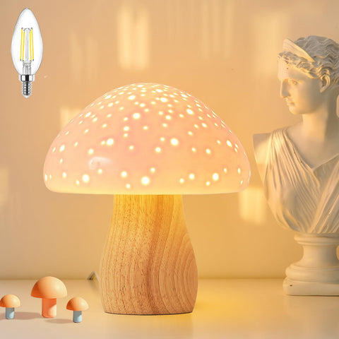 BOHON ceramic mushroom lamp with pink base adds warm bedroom ambiance