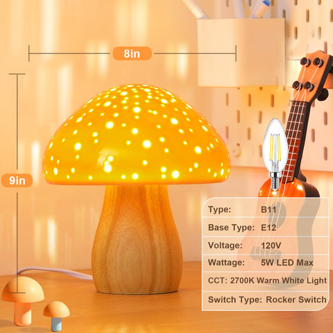 Ceramic shade and wood base create a retro-modern focal point in the room