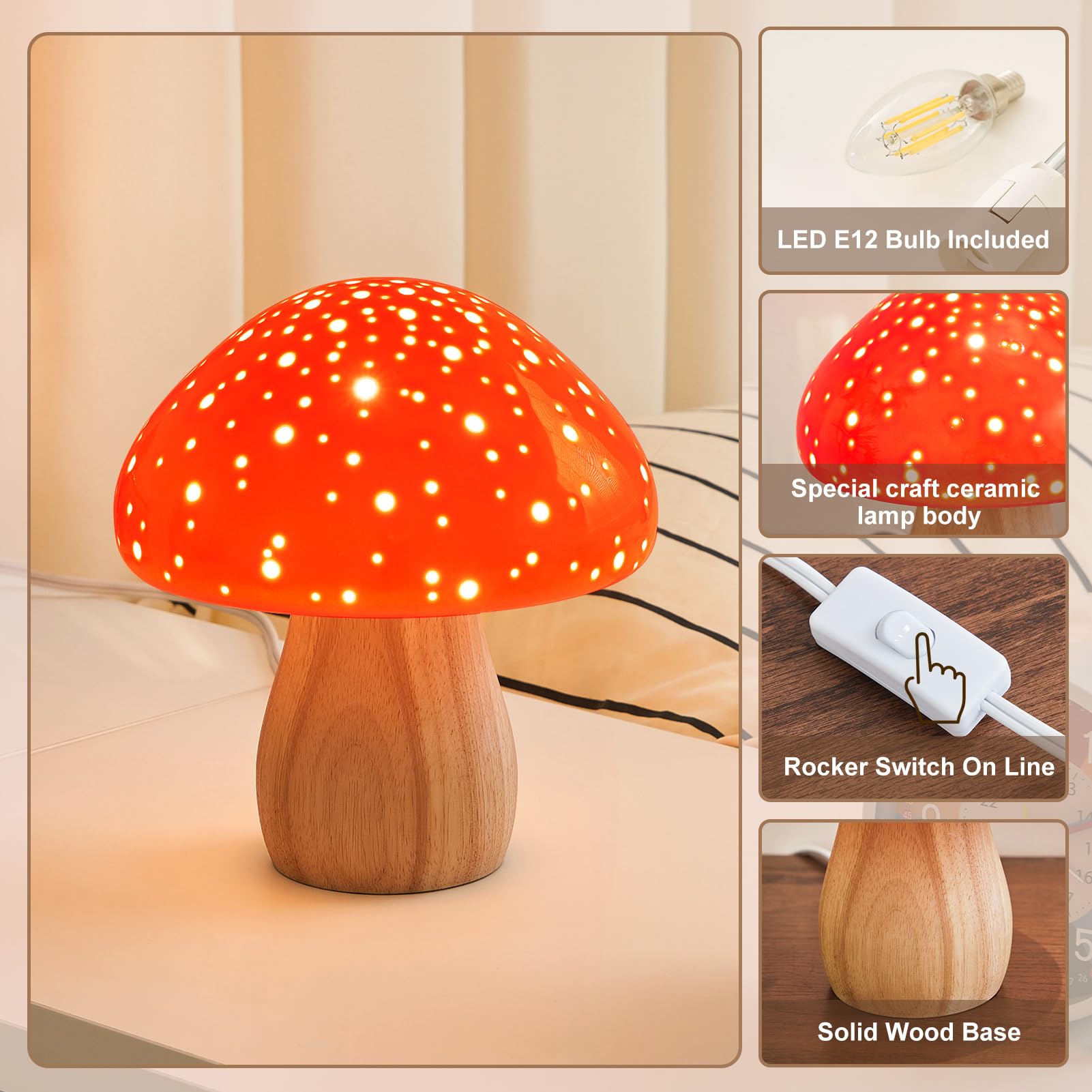 BOHON mushroom lamp red desk light provides warm, steady illumination