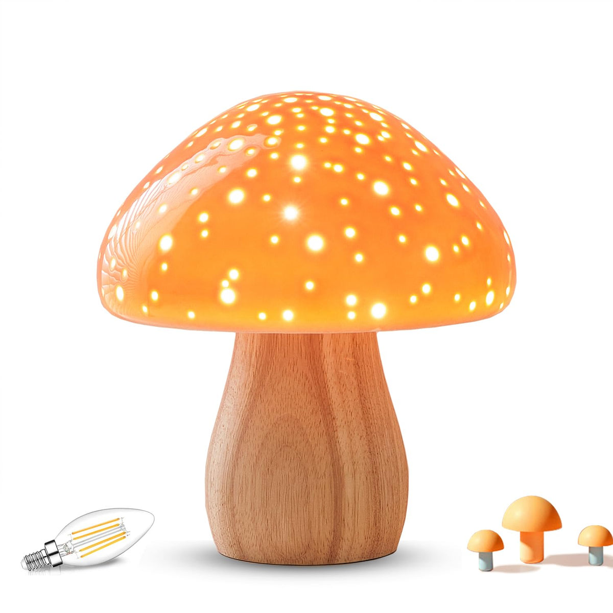 BOHON Mushroom Lamp on a bedside table with a warm orange glow for cozy nights