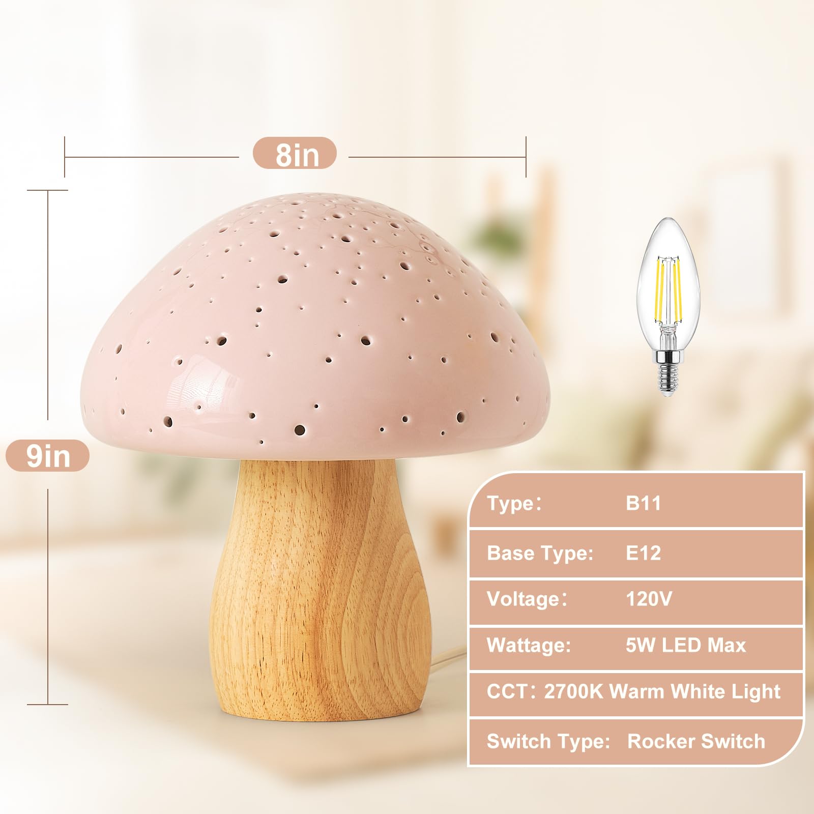 BOHON pink-shade mushroom lamp on a desk provides cozy study lighting
