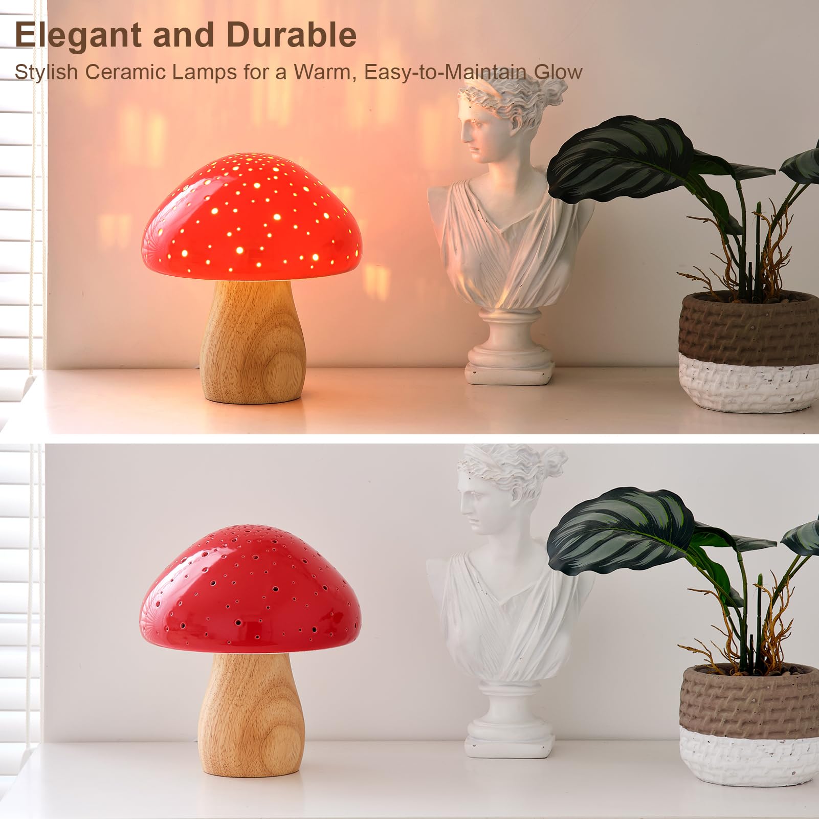 BOHON mushroom lamp red ceramic shade elevates desk decor with soft ambient light