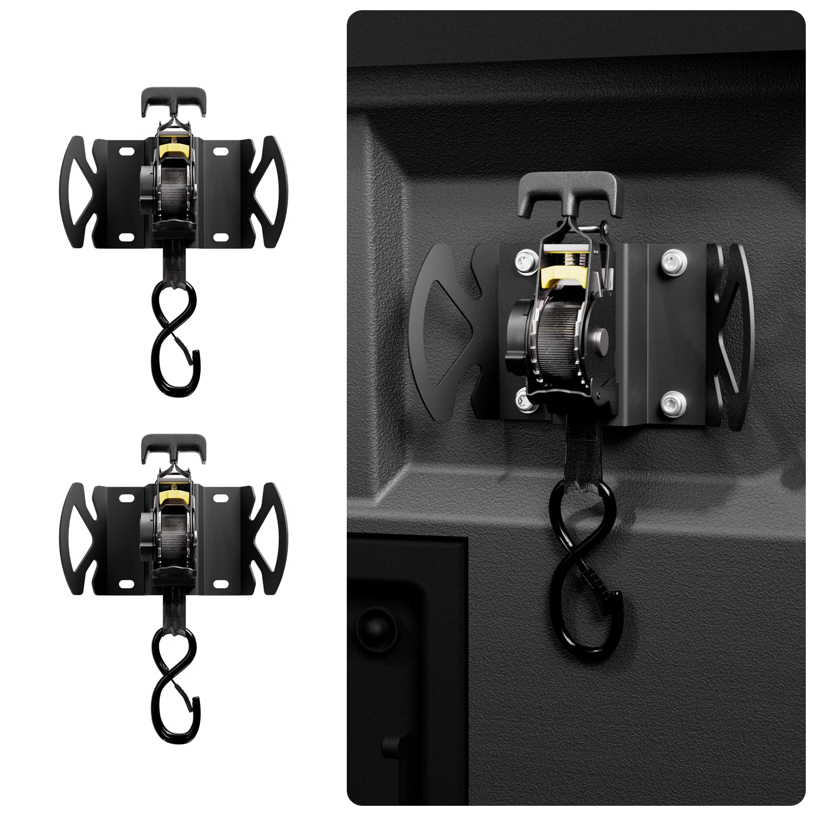 Bohua rotating retractable ratchet strap with Boxlink mount for secure truck bed organization