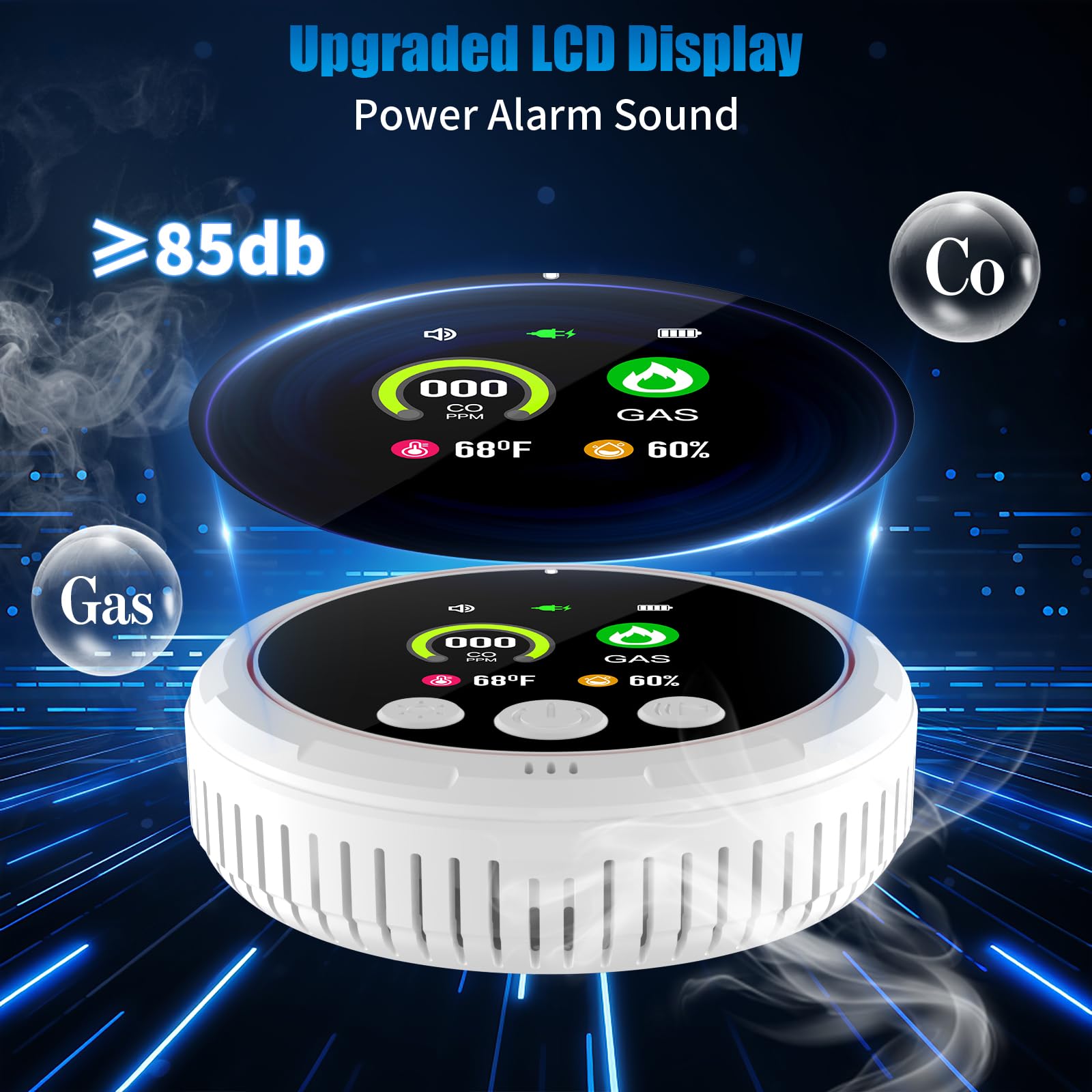 BoltBlaze detector LCD display showing live CO and gas readings