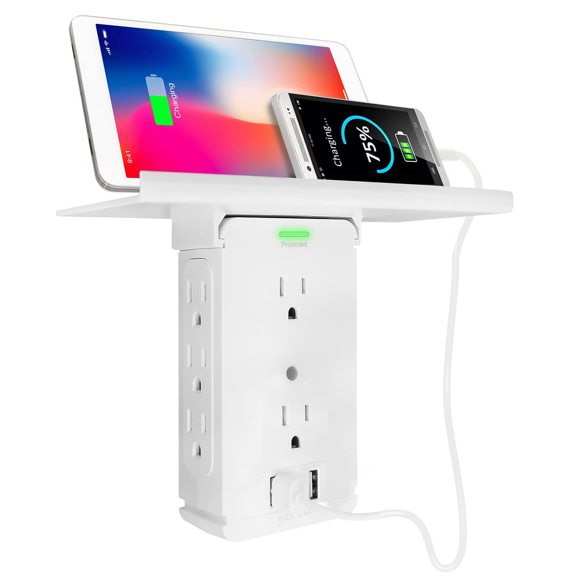 Boltgy surge-protector wall outlet with eight sockets and shelf for clutter-free charging.