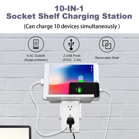 BoltGY wall outlet with built-in shelf holding tablet and phone.