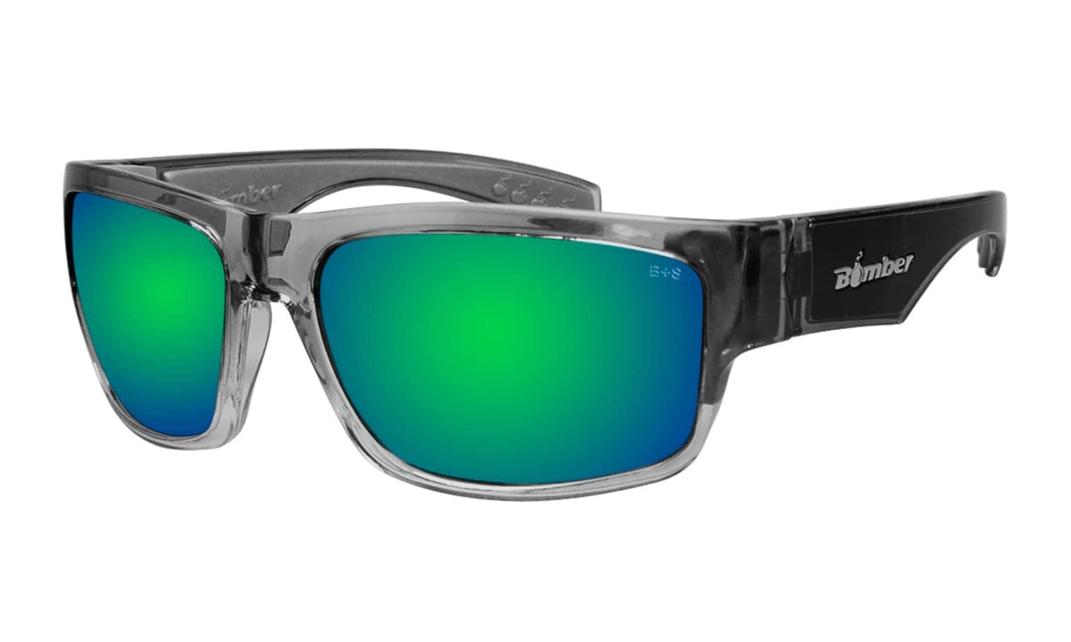 BOMBER men's safety sunglasses with a 2-tone crystal frame for rugged protection.
