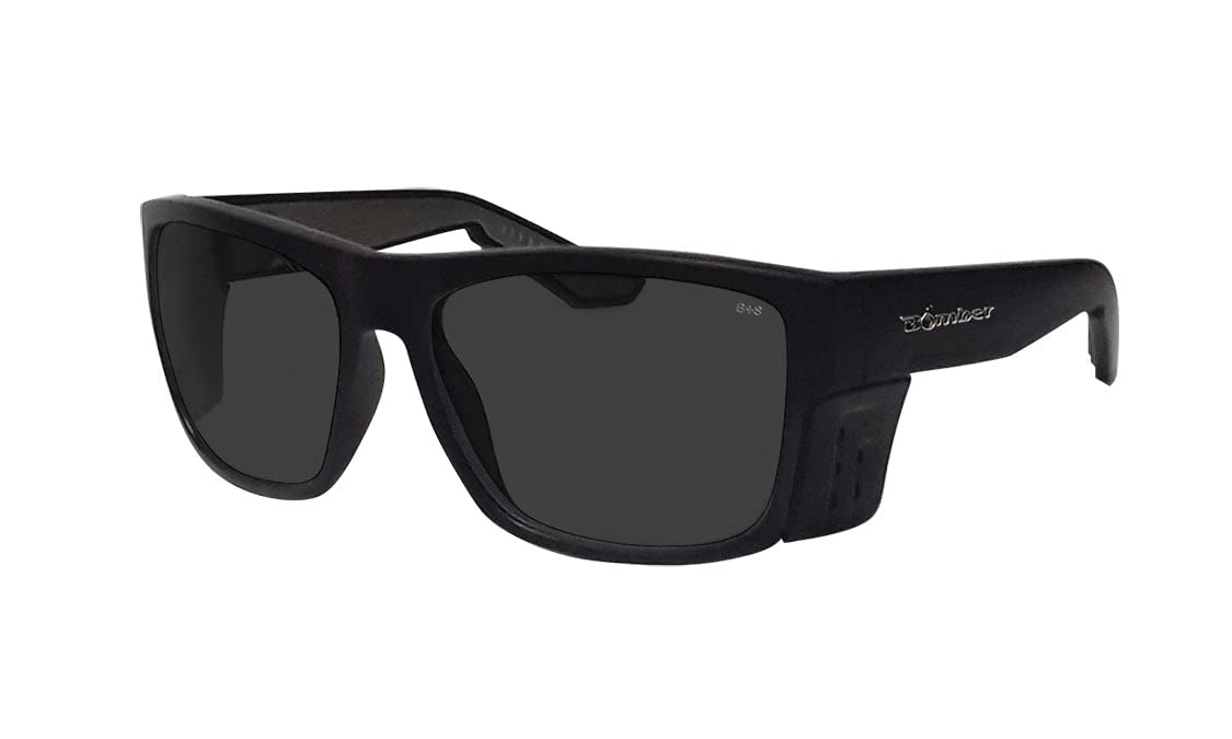BOMBER safety glasses with smoke lens and matte black frame for everyday protection.