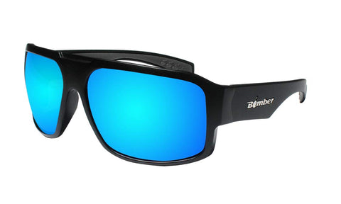 BOMBER safety sunglasses with matte black frame and ice blue lenses for enhanced visibility.
