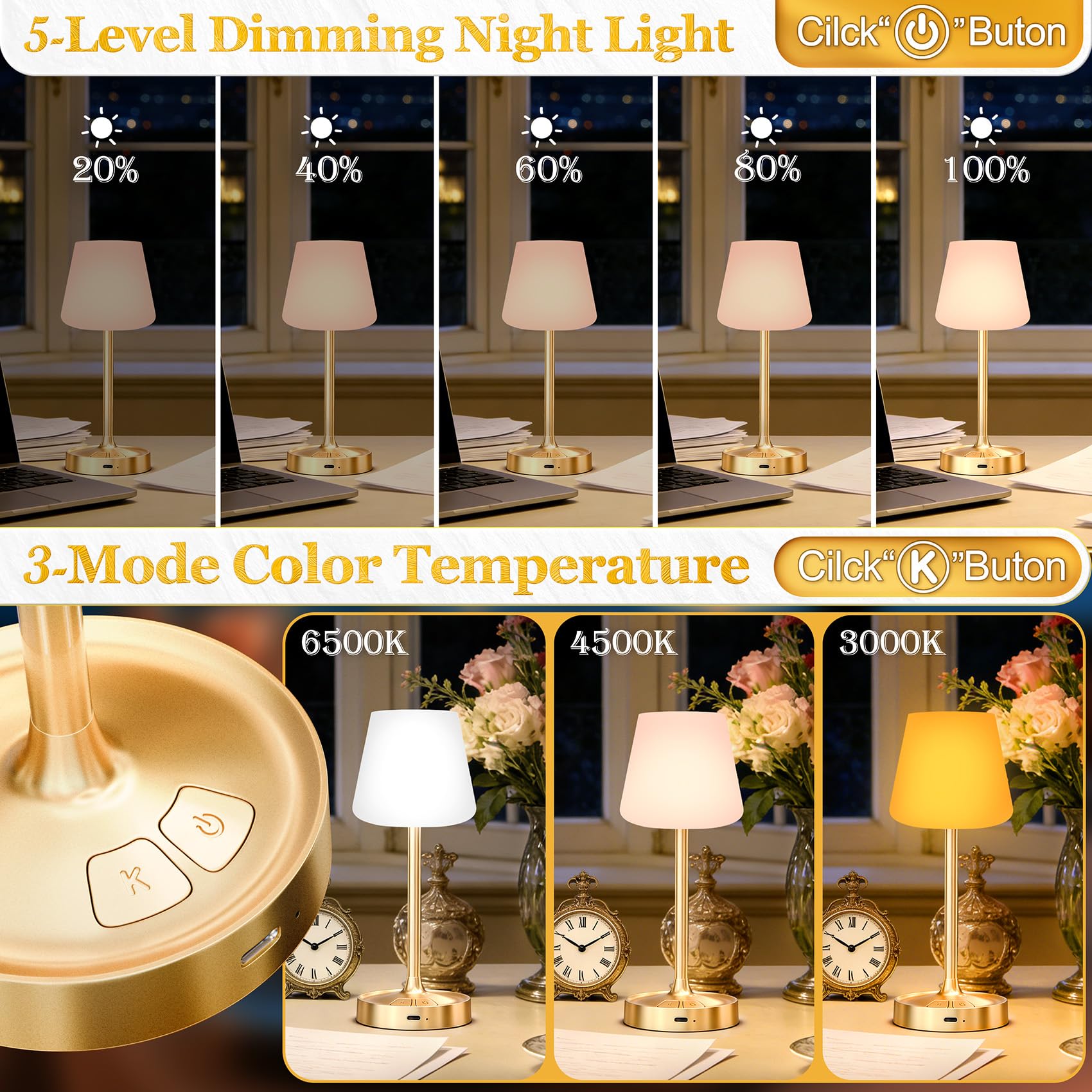BOMFLORE cordless LED table lamp with 4000mAh battery for desk use