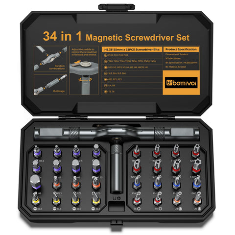 Bomivoi 34-in-1 screwdriver ergonomic-handle close-up for precise grip in tight spaces.
