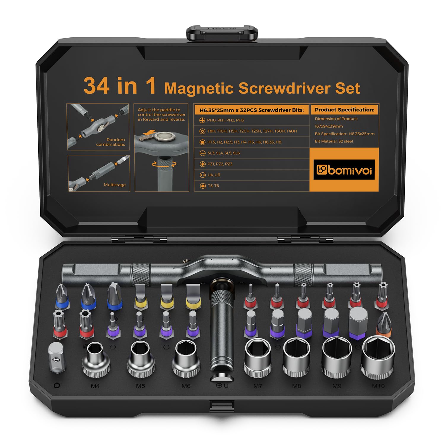 Bomivoi 34-in-1 screwdriver set with magnetic bits for easier fastening.