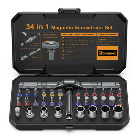 Bomivoi 34-in-1 screwdriver set with magnetic bits for easier fastening.
