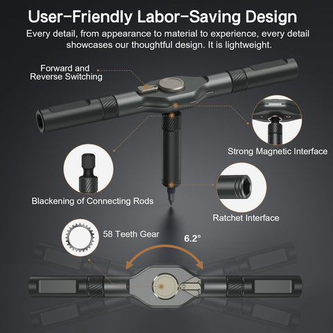 Bomivoi 58-tooth ratcheting system reduces effort during screws.