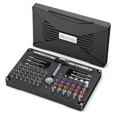 Bomivoi 74-in-1 magnetic screwdriver set case and bits for versatile DIY projects.