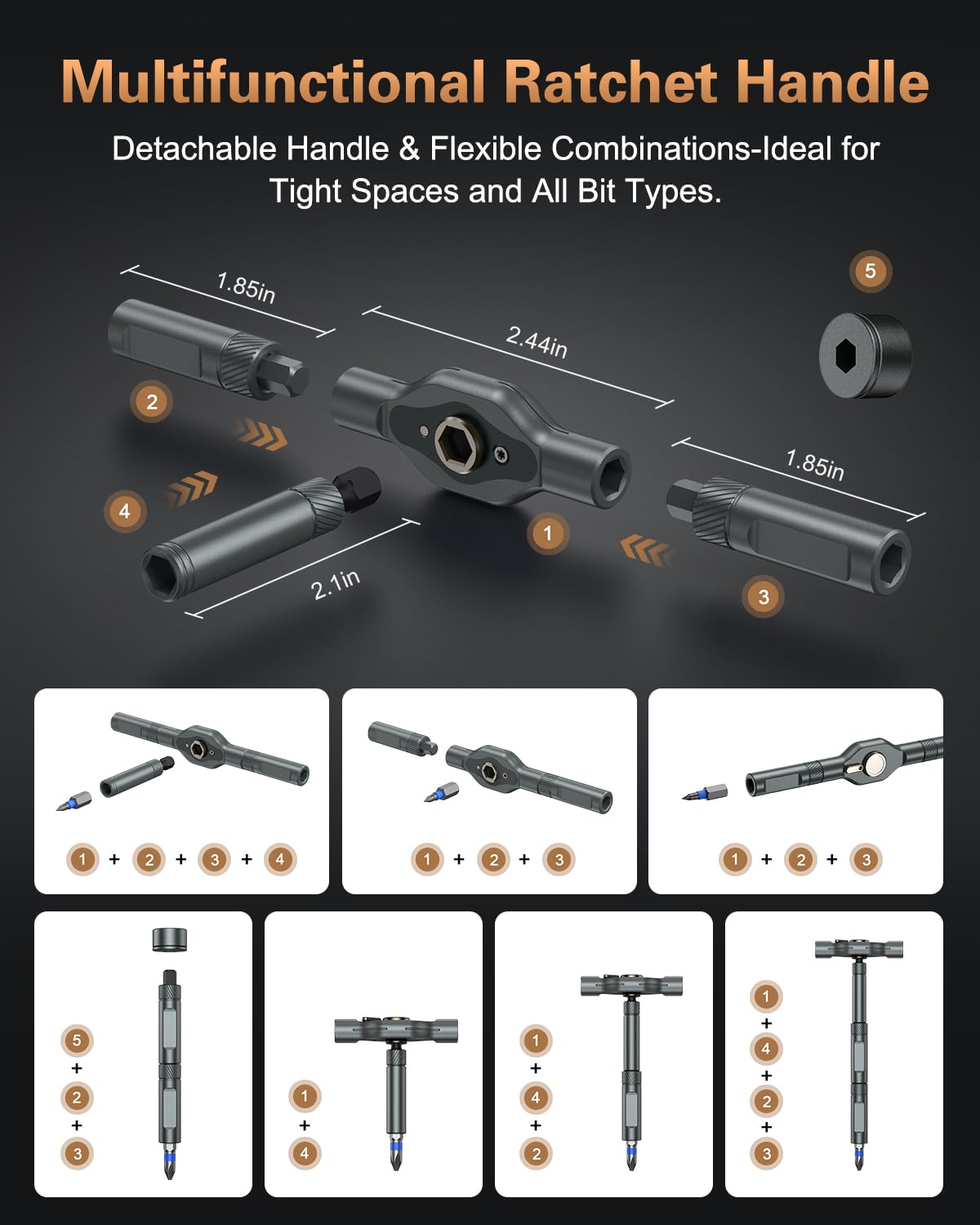 Bomivoi modular handle for straight, angled, or T-handle grips in tight spaces.