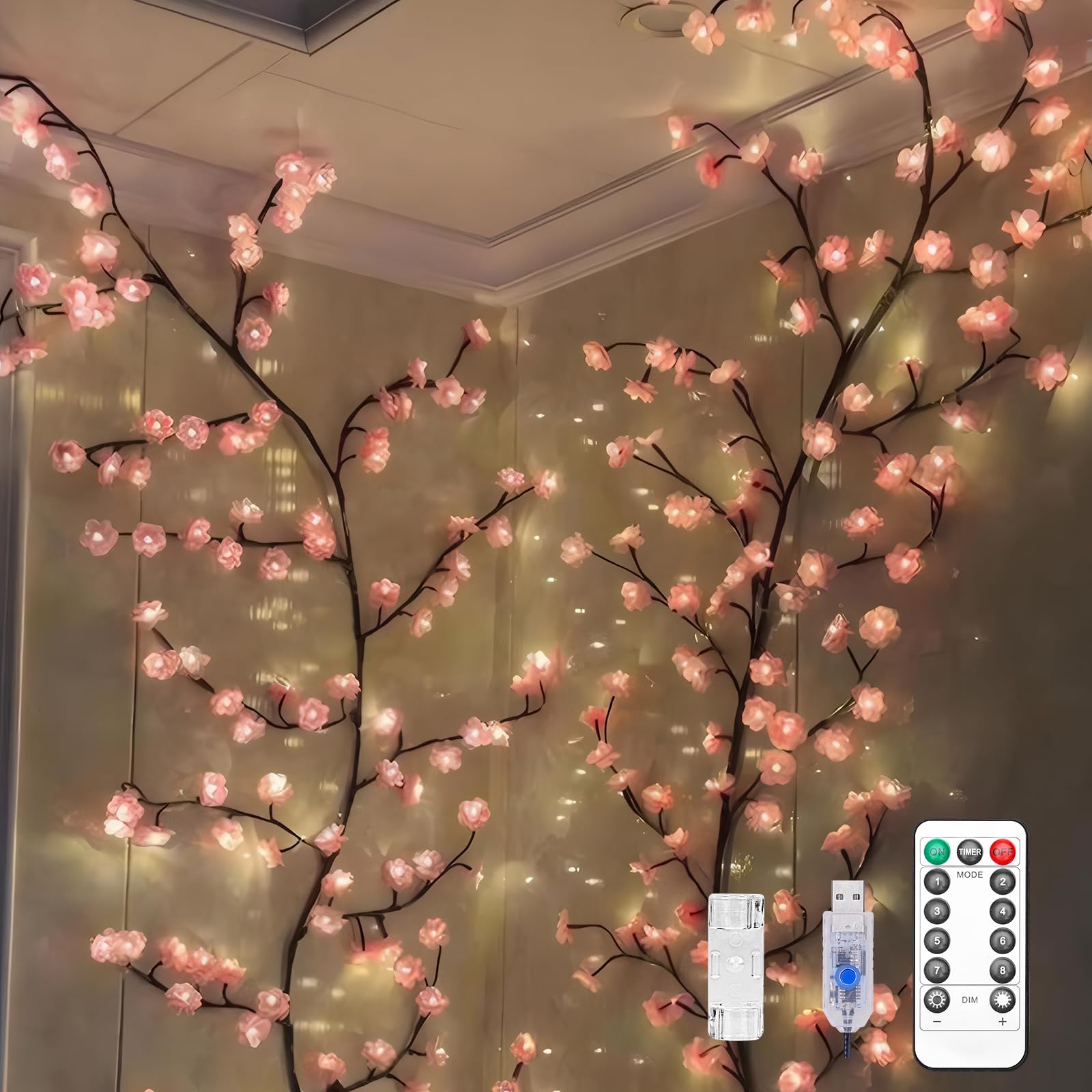 BomKra cherry blossom branch lights on wall for romantic bedroom ambiance.