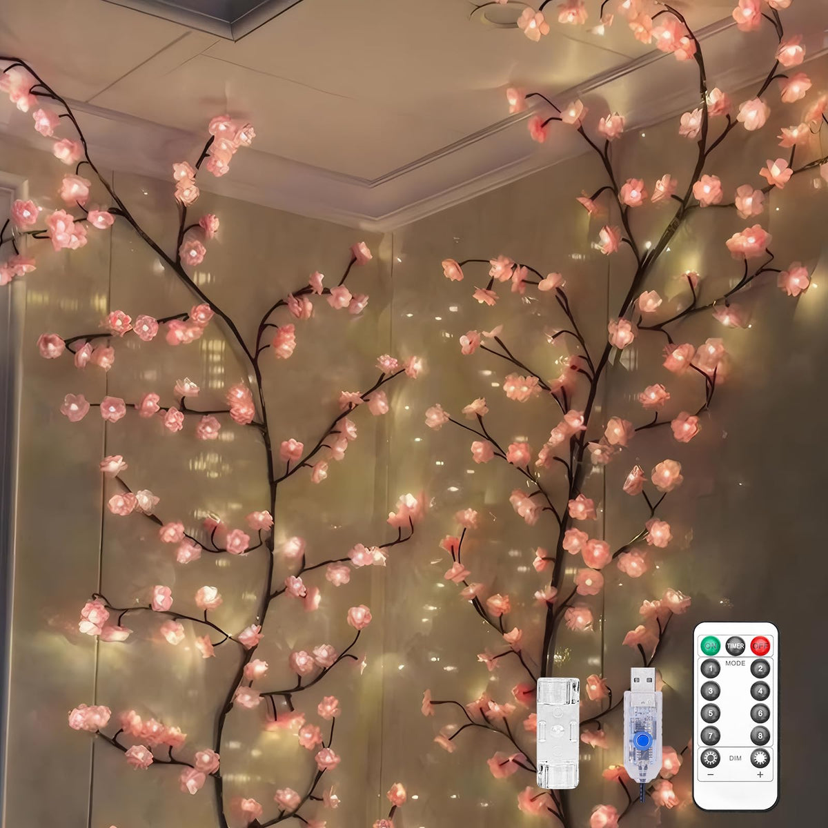 BomKra cherry blossom branch lights on wall for romantic bedroom ambiance.