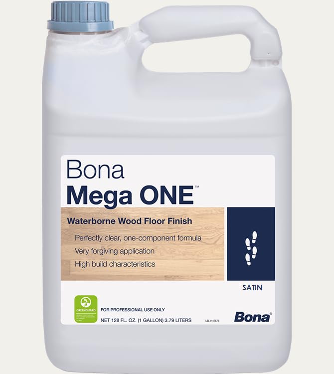 Bona Mega ONE Satin bottle pour showing fast-drying protection for hardwood floors.
