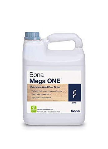 Bona Mega ONE Satin brush stroke illustrating crystal-clear, high-build satin finish on wood.
