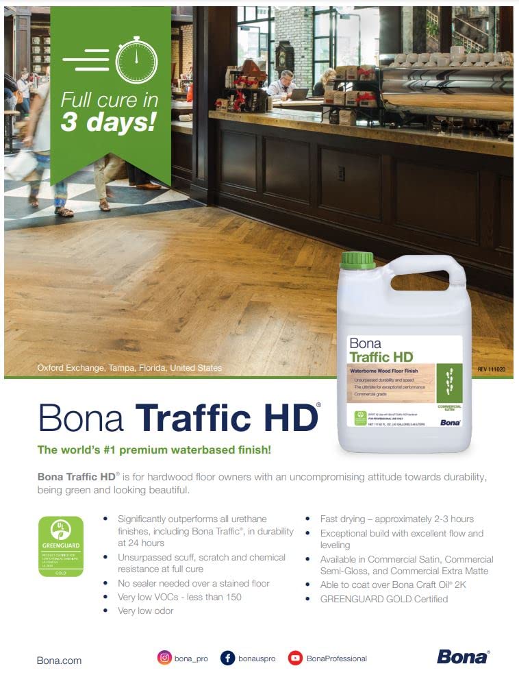 Bona Traffic HD Satin application photo shows quick dry time and low odor in action.