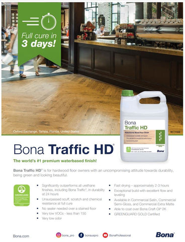 Bona Traffic HD Satin application photo shows quick dry time and low odor in action.