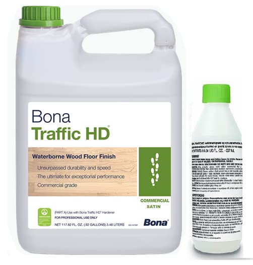 Bona Traffic HD Satin bottle highlights a durable waterborne finish for hardwood floors.