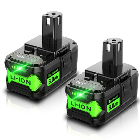 Bonacell 2Pack upgraded 8000mAh Ryobi 18V battery powering tools with extended runtime
