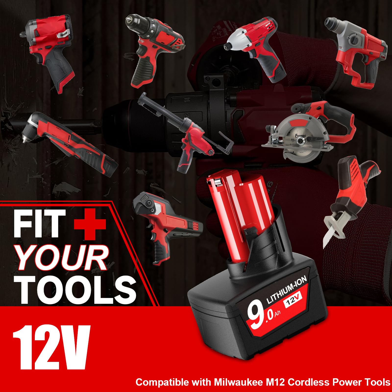 Bonacell 9.0Ah Milwaukee M12 battery LCD display shows charge level.