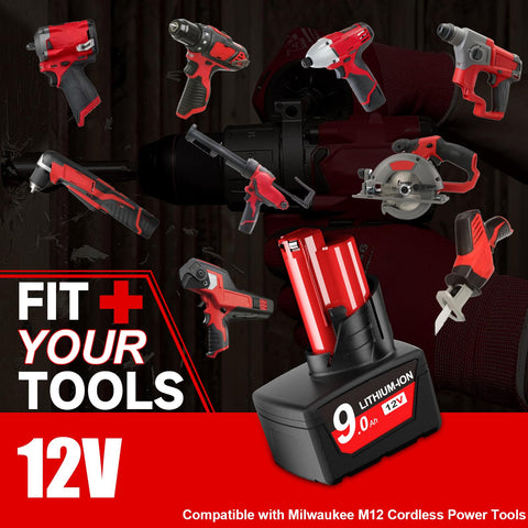 Bonacell 9.0Ah Milwaukee M12 battery LCD display shows charge level.