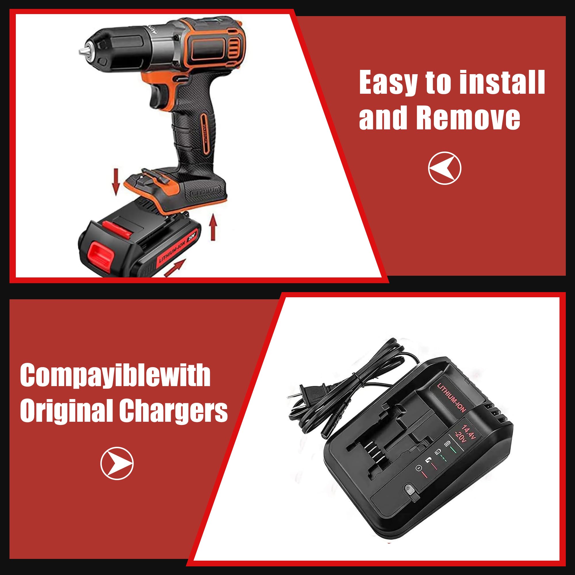 Bonacell battery works with various 20V Black &amp; Decker tools.
