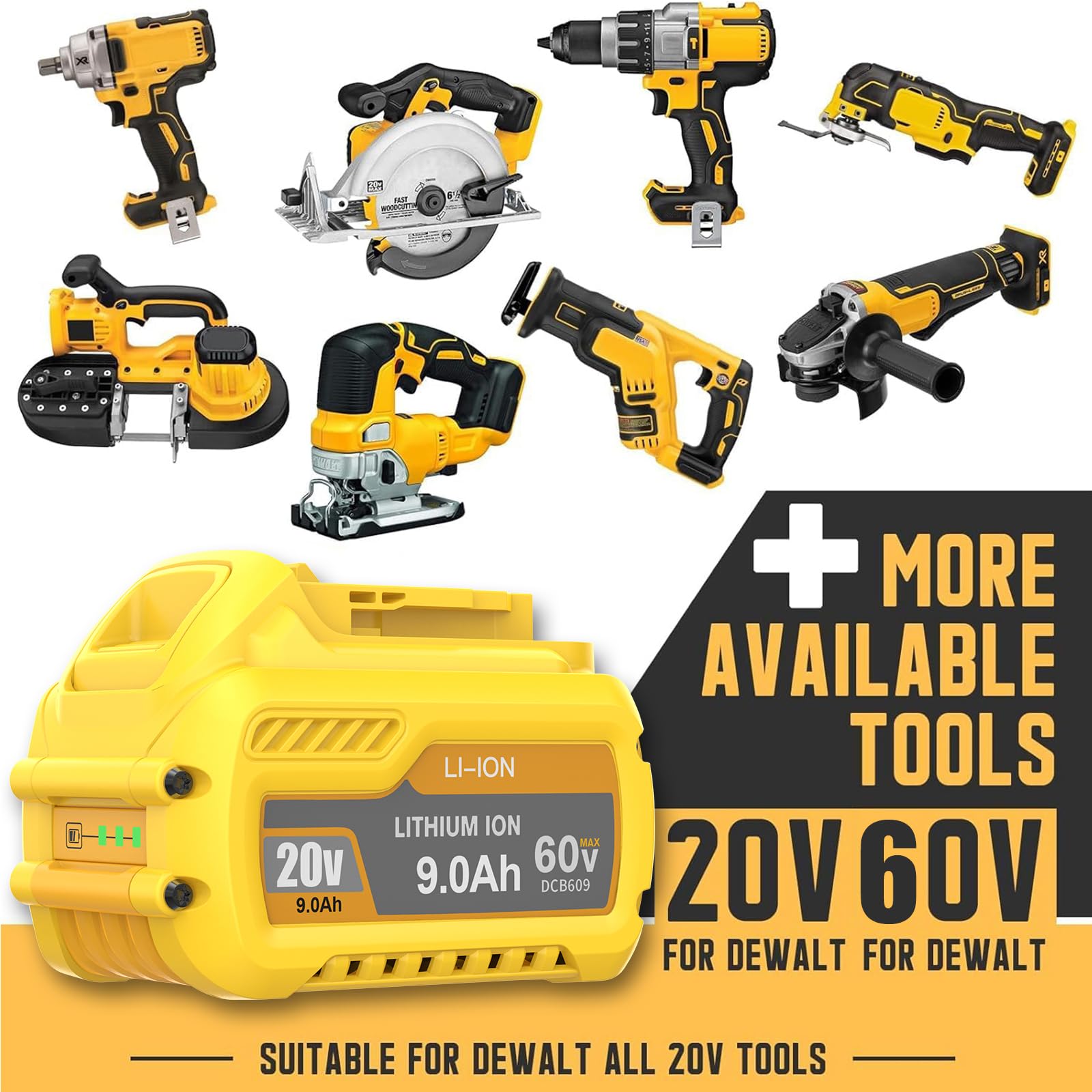 Bonacell DeWalt compatible battery, back view, supports both 20V and 60V tools.