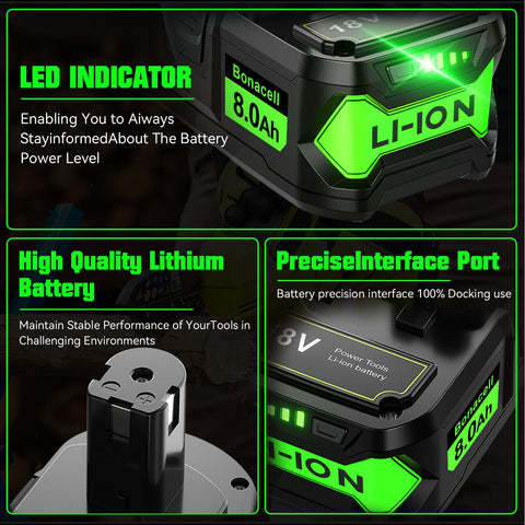 Bonacell battery with LED indicators shows remaining charge clearly