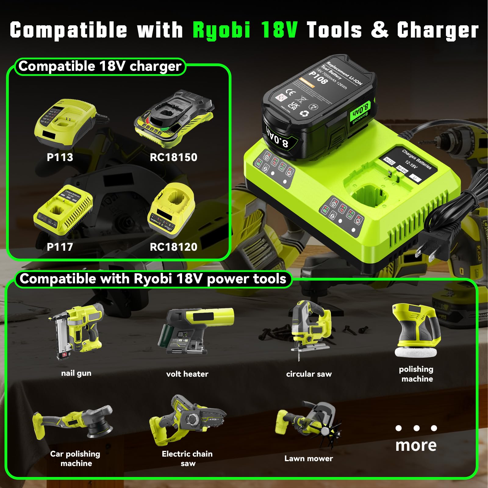 Bonacell long-life 8000mAh Ryobi 18V battery for durable performance