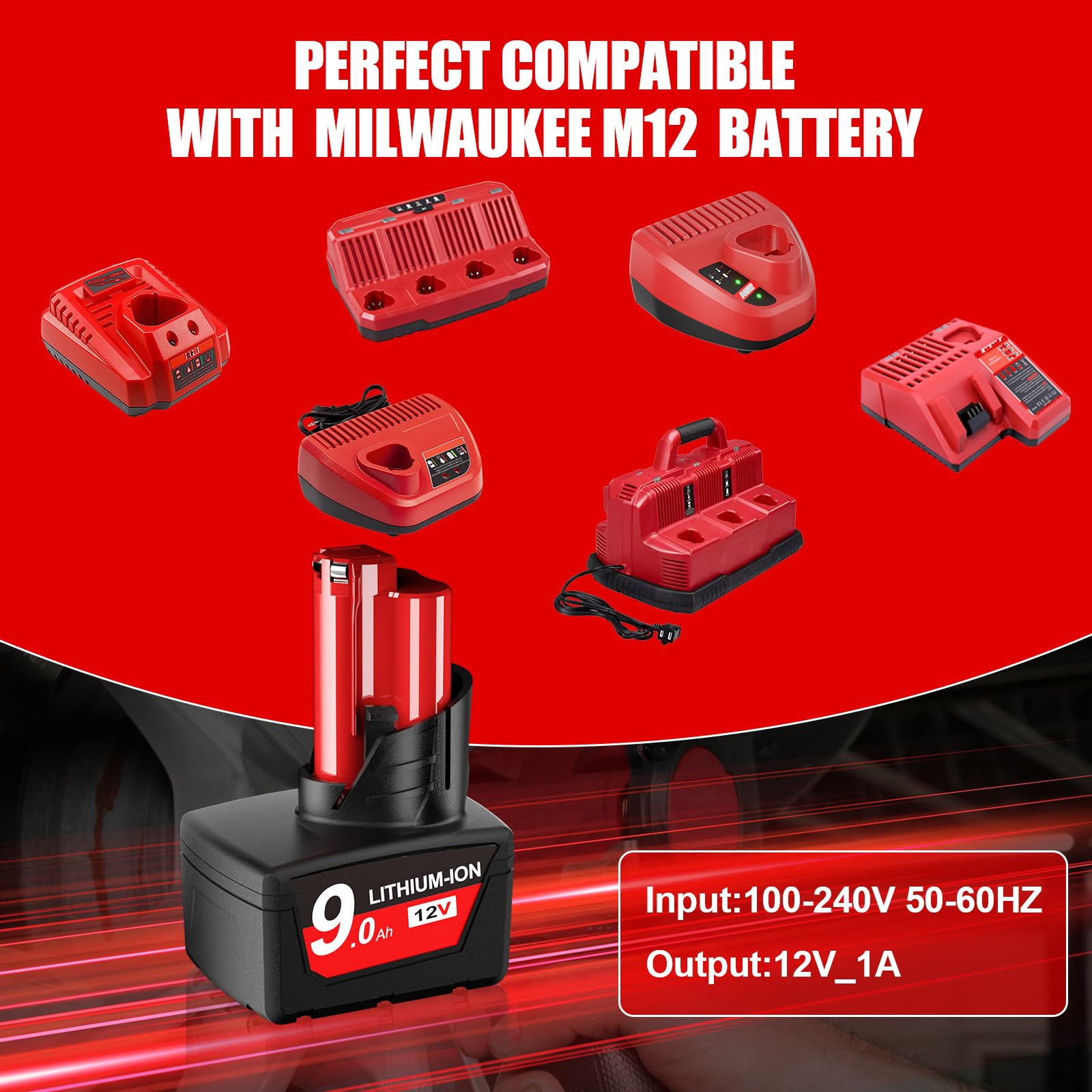 Bonacell rapid charger adapter supports quick top-ups for Milwaukee 12V packs.