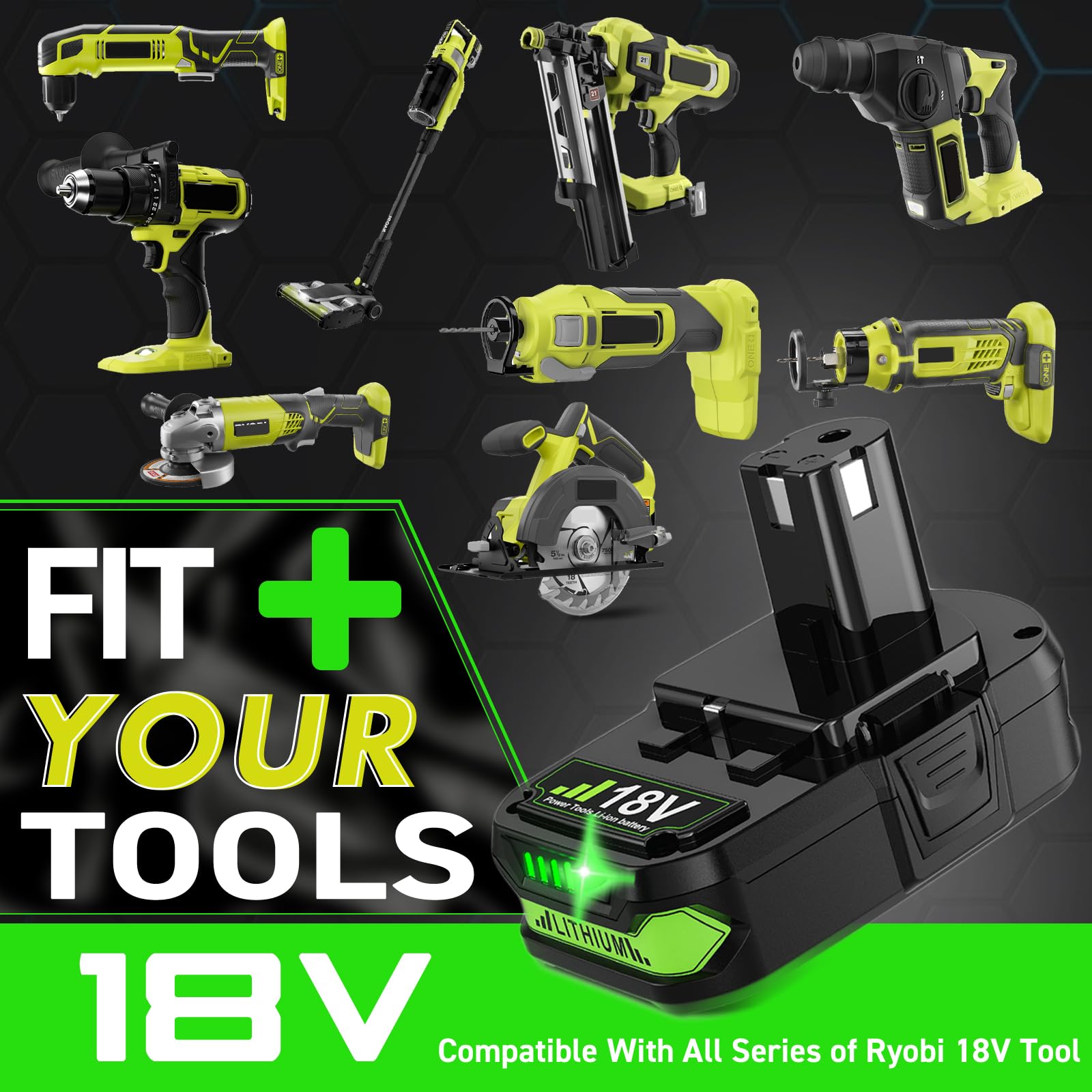 Bonadget 4Ah Ryobi 18V battery demonstrates compatibility with PBP005/006/2005.