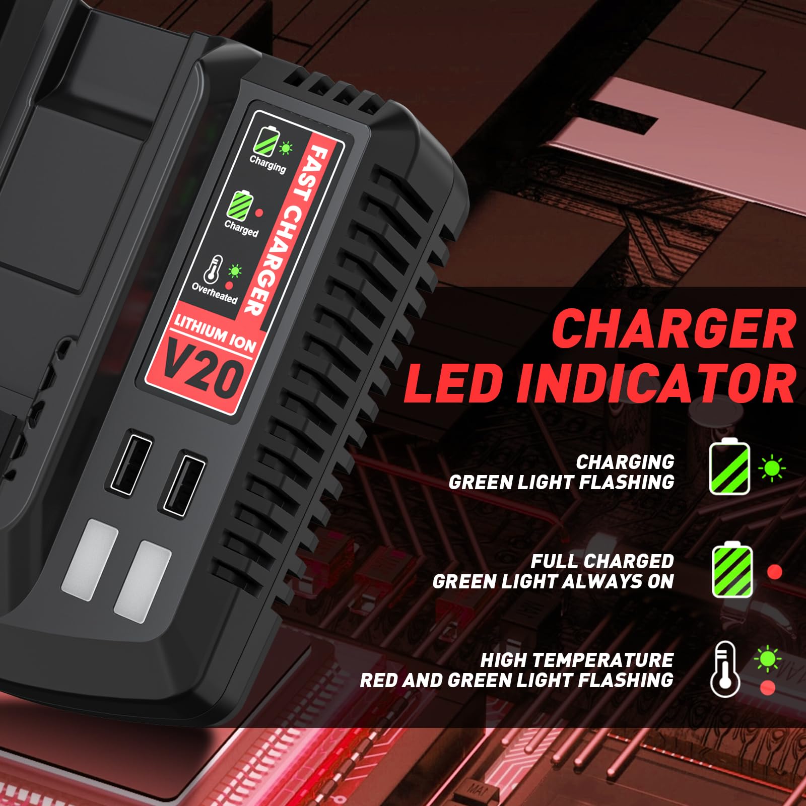 LED indicators on the Bonadget set show charging and battery levels at a glance.