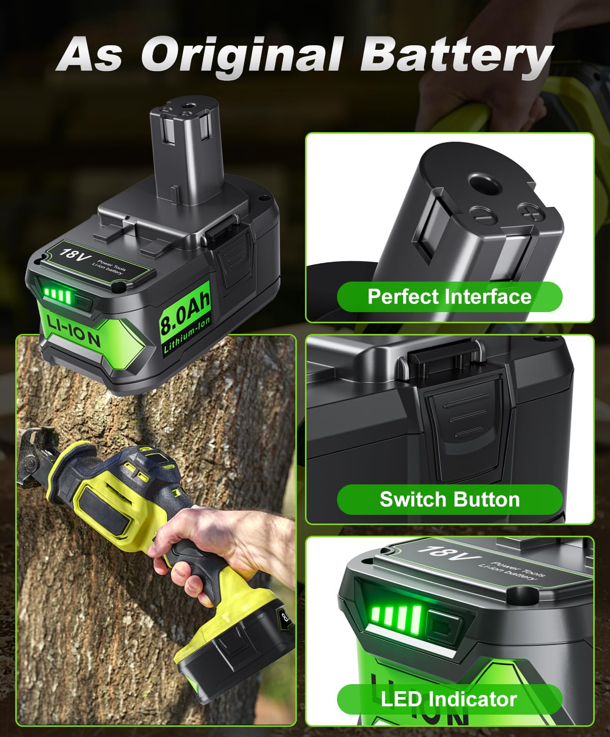 Bonadget 18V battery features durable construction for rugged work.