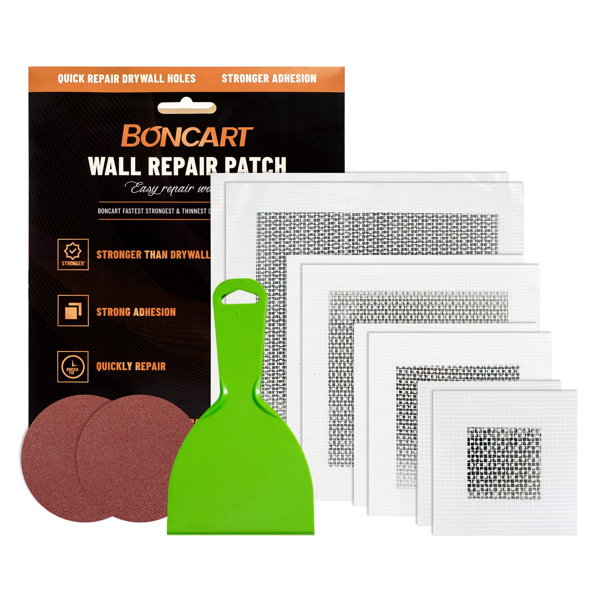 Boncart drywall repair kit contents with patches and tools for quick home fixes.