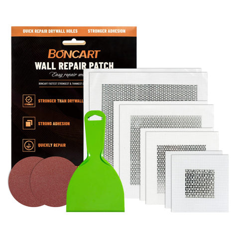 Boncart drywall repair kit contents with patches and tools for quick home fixes.