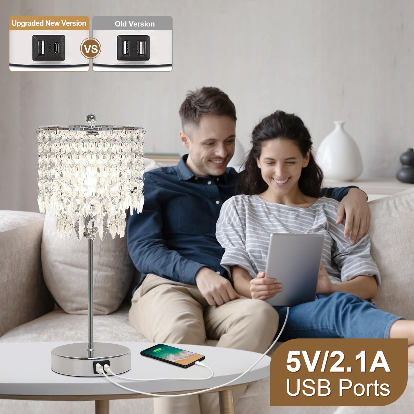 Boncoo crystal table lamp set of 2 touch-control base for easy brightness adjustment