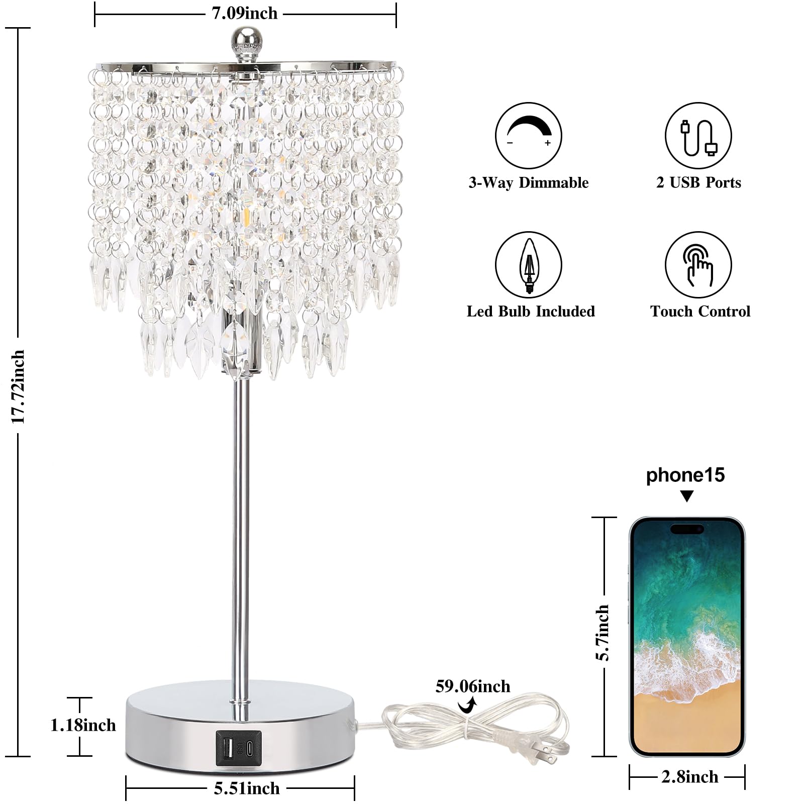 Boncoo crystal table lamp set of 2 dual USB ports for device charging