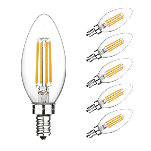 Boncoo E12 candle bulb with 60W equivalent brightness and 3000K glow for living rooms.