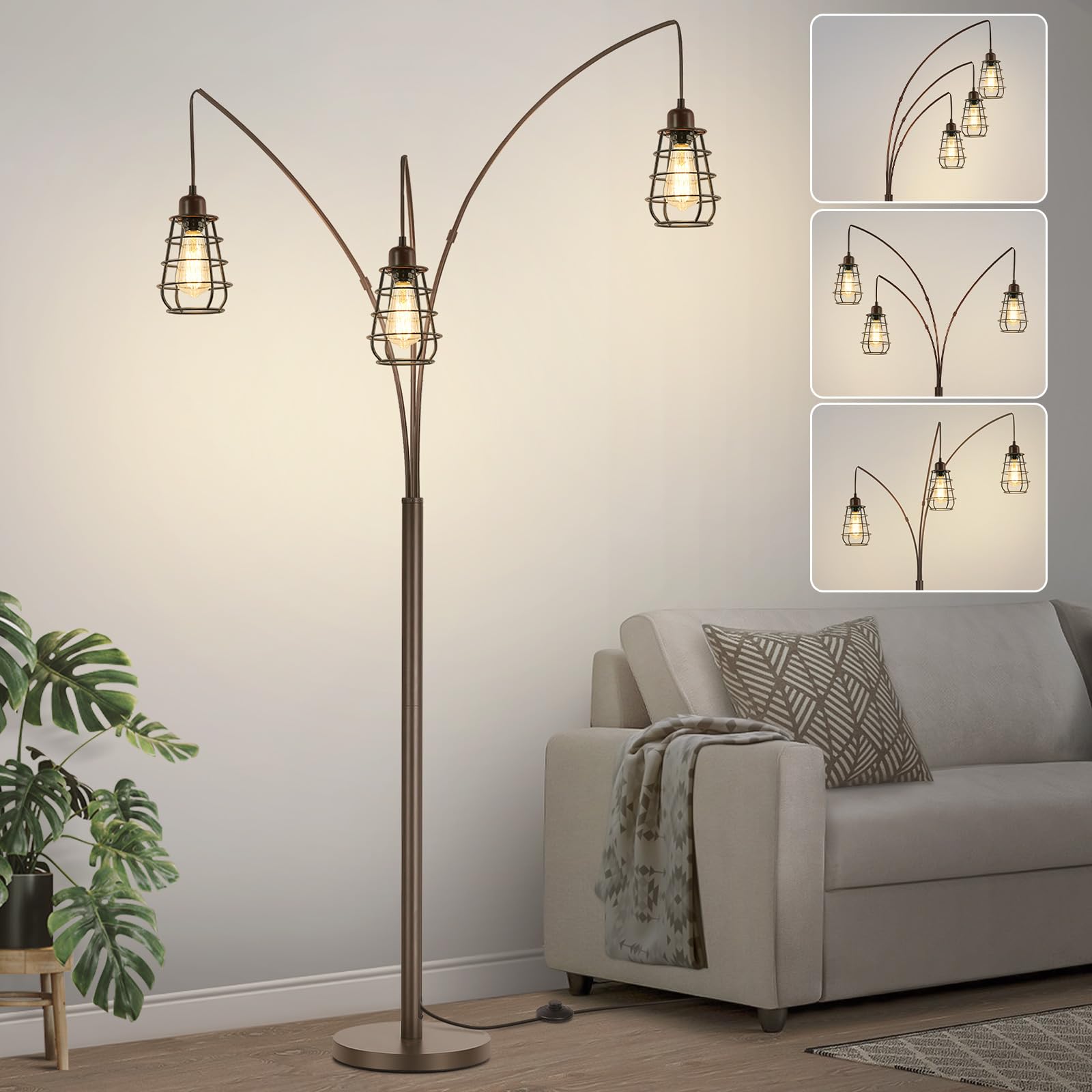 Boncoo industrial floor lamp with arc tree arms provides broad living room illumination