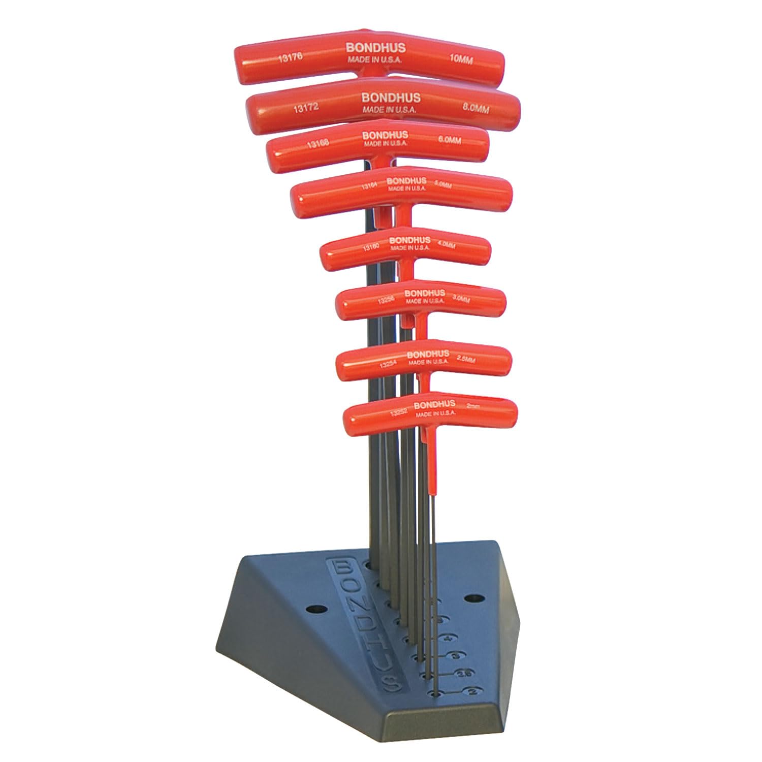Bondhus 13189 balldriver-t-handle set on wall stand for quick screw insertion.