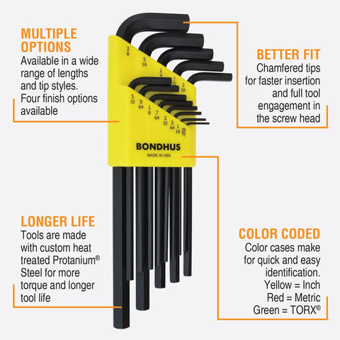 Bondhus 22199 hex L-wrench long-arm 1.5–10 mm for tight spaces.