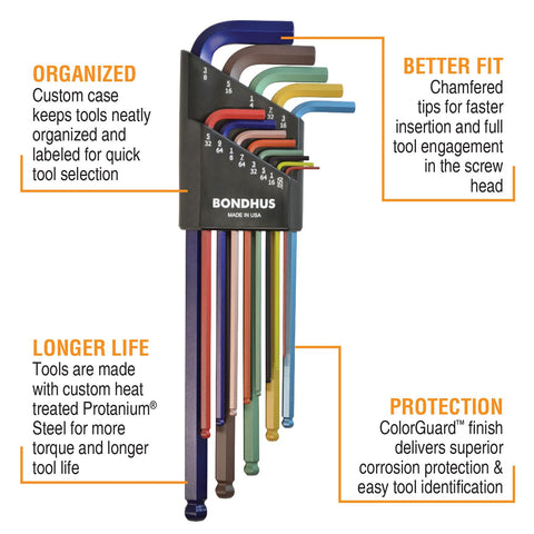 Bondhus 69637 inch-size L-wrenches with ColorGuard shown for precise torque and easy size ID.