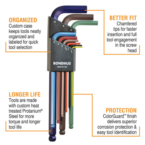 Bondhus long-arm ball-end wrenches cover range 1.5–10 mm