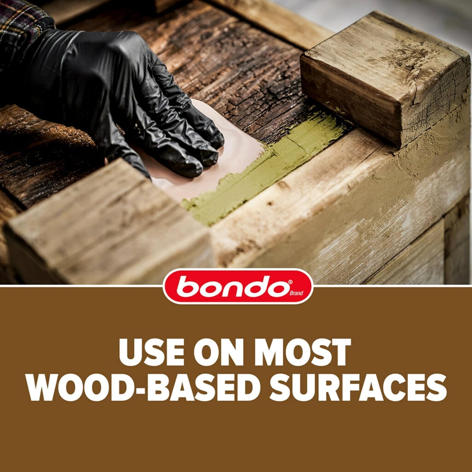 Bondo Wood Filler suitable for interior and exterior wood repairs.